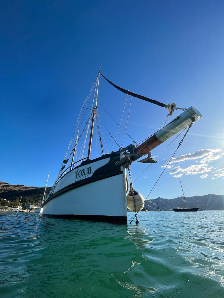 Fox II ship in Akaroa Harbor in the crater of an extinct volcano