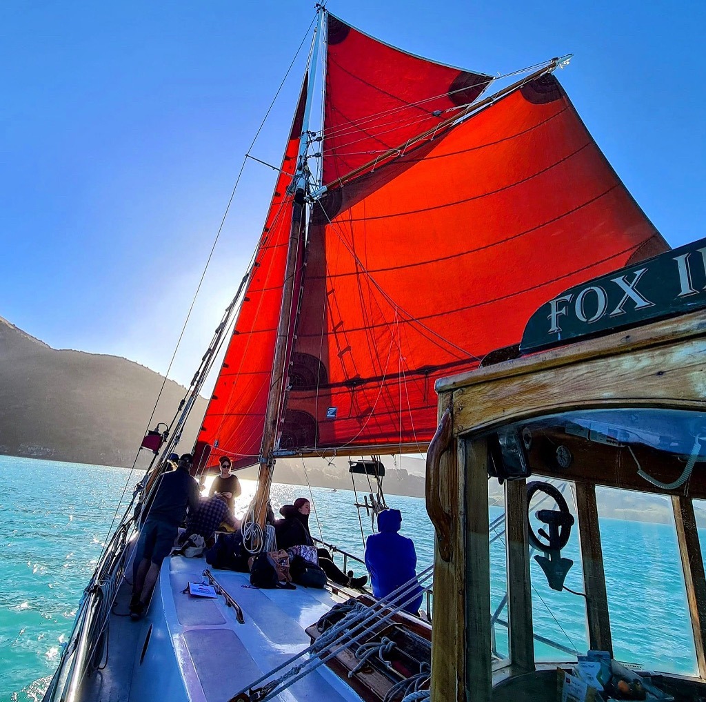 Historic ketch Fox II sailing in Akaroa for a dolphin cruise